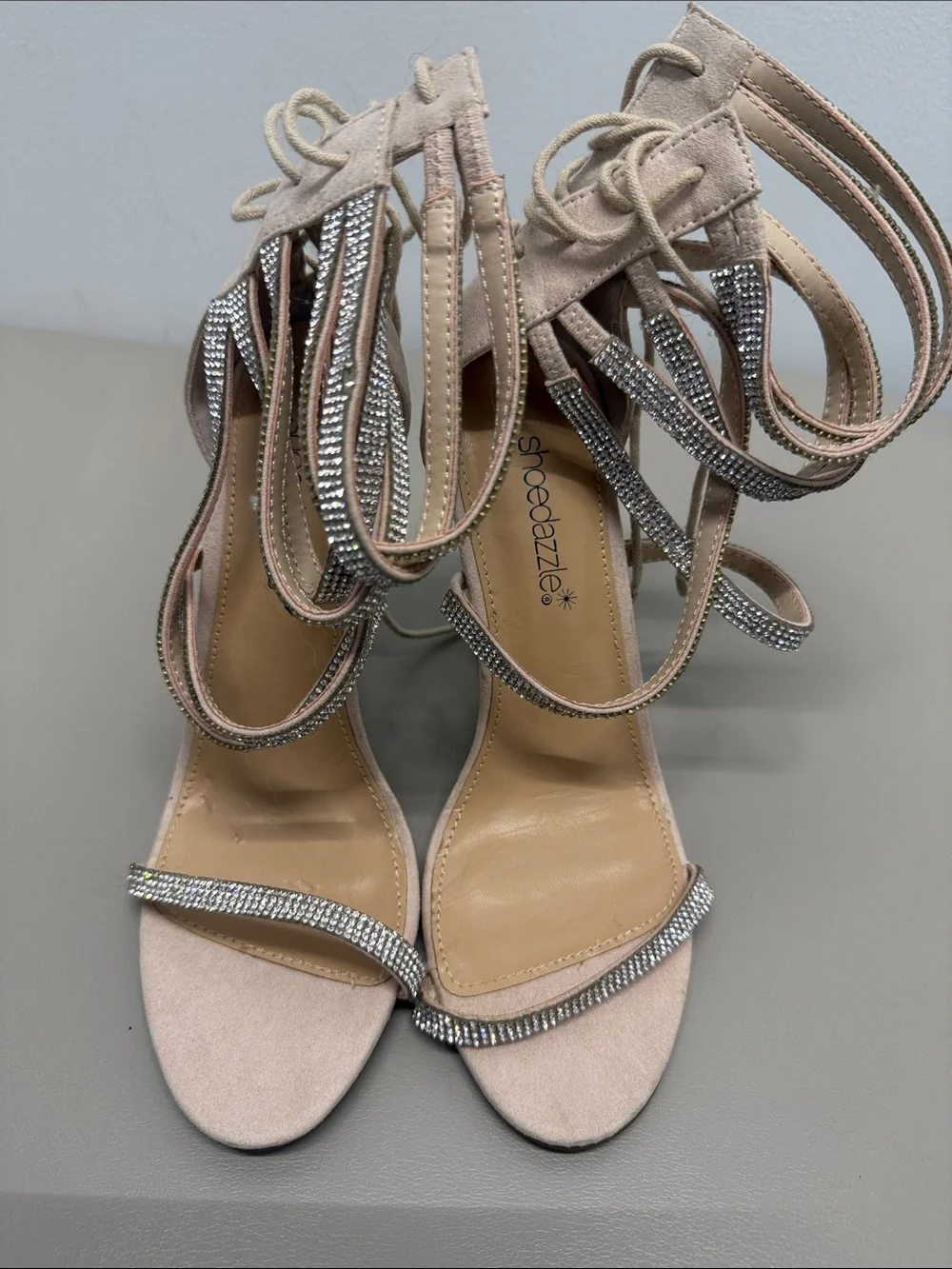 Shoe Dazzle Blush Nude Rhinestone Lace-Up Heels